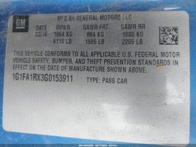 1G1FA1RX3G0153911 Chevrolet Camaro 1lt