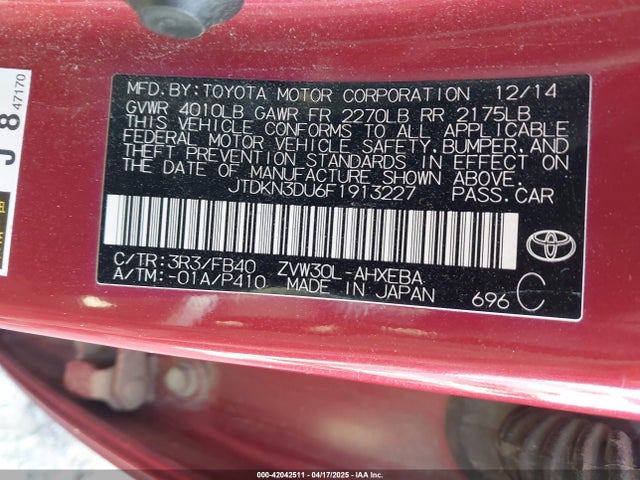 JTDKN3DU6F1913227 Toyota Prius Three