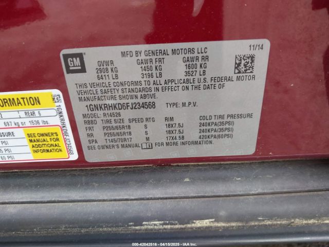 1GNKRHKD6FJ234568 Chevrolet Traverse 2lt