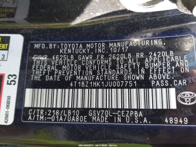 4T1BZ1HK1JU007751 Toyota Camry Xse V6