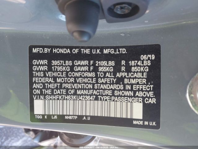 2019 HONDA CIVIC SHHFK7H63KU423647 Photo 8