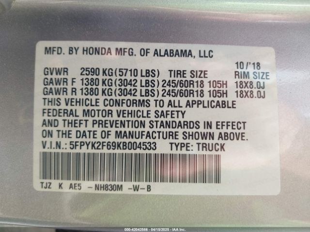 5FPYK2F69KB004533 Honda Ridgeline Rtl-t