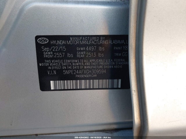 5NPE24AFXGH309594 Hyundai SONATA SE