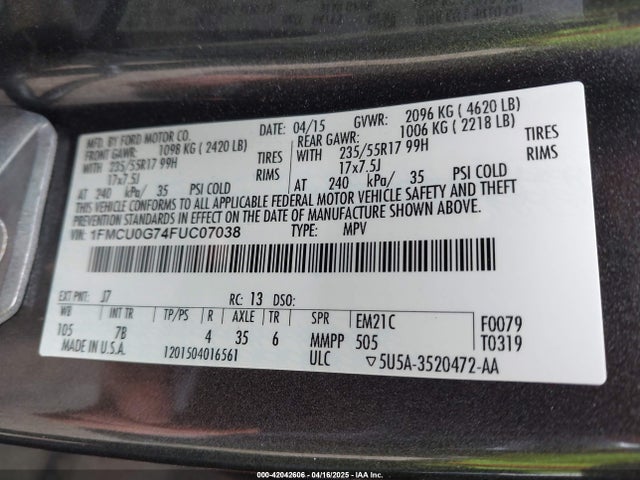 1FMCU0G74FUC07038 Ford ESCAPE SE