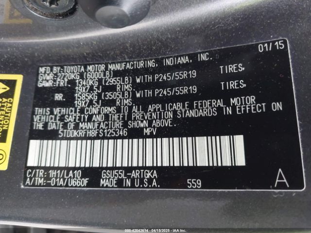 5TDDKRFH8FS125346 Toyota Highlander Limited V6