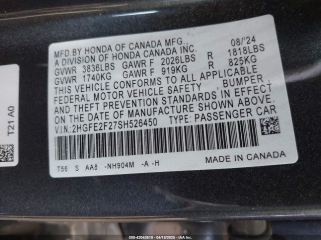 2HGFE2F27SH526450 Honda k20c9