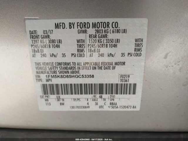 1FM5K8D85HGC53358 Ford EXPLORER XLT