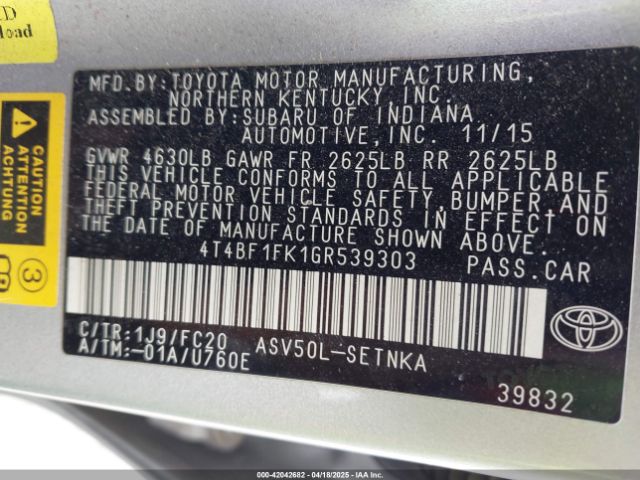 4T4BF1FK1GR539303 Toyota CAMRY LE