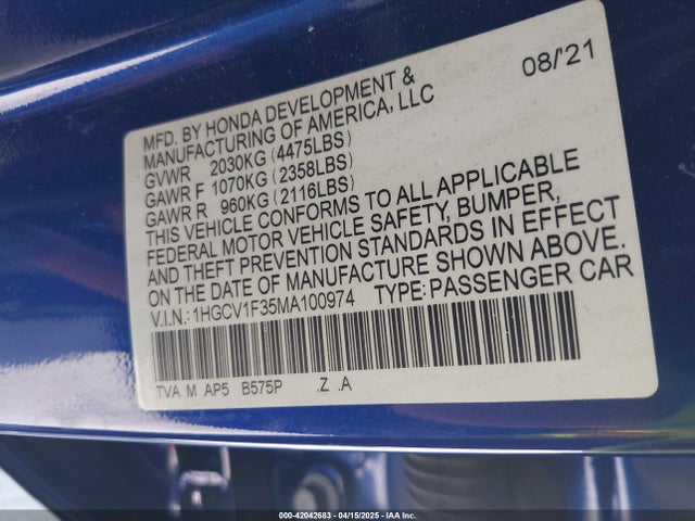 1HGCV1F35MA100974 Honda Accord Sport