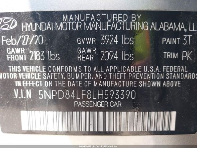 5NPD84LF8LH593390 Hyundai ELANTRA SEL