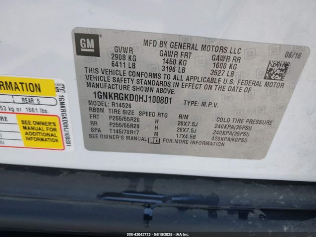 1GNKRGKD0HJ100801 Chevrolet Traverse 1lt