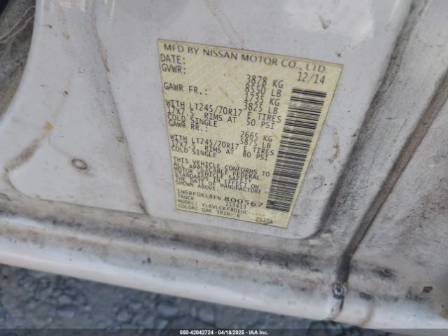 1N6BF0KL8FN800567 Nissan Nv Cargo Nv1500 S V6