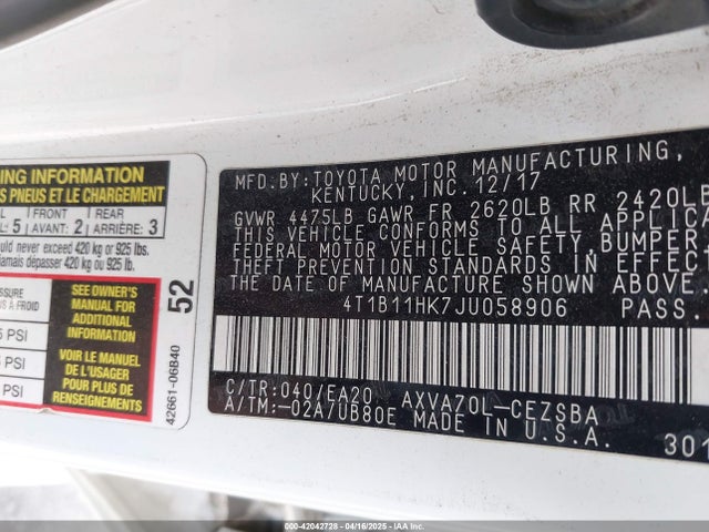 4T1B11HK7JU058906 Toyota CAMRY SE