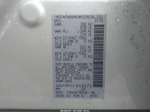 5N1AT2MT5LC814171 Nissan Rogue Sv Fwd