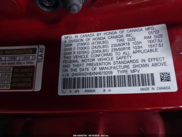 2HKRW2H8XNH619209 Honda Cr-v Awd Ex-l