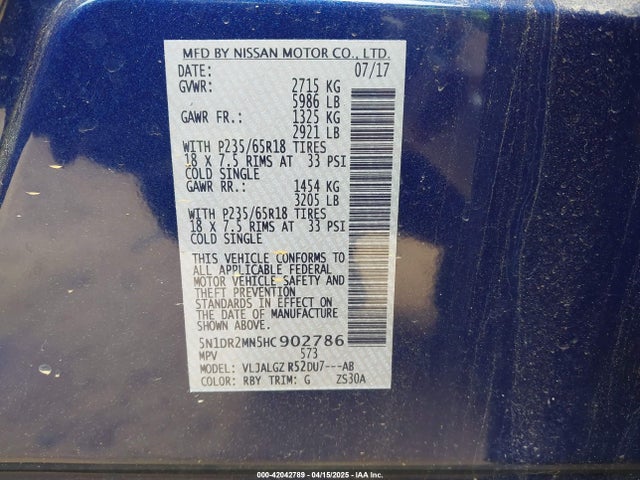 5N1DR2MN5HC902786 Nissan Pathfinder Sl