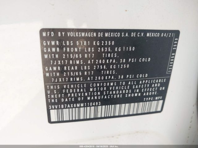 3VV1B7AX6MM110493 Volkswagen Tiguan 2.0t S