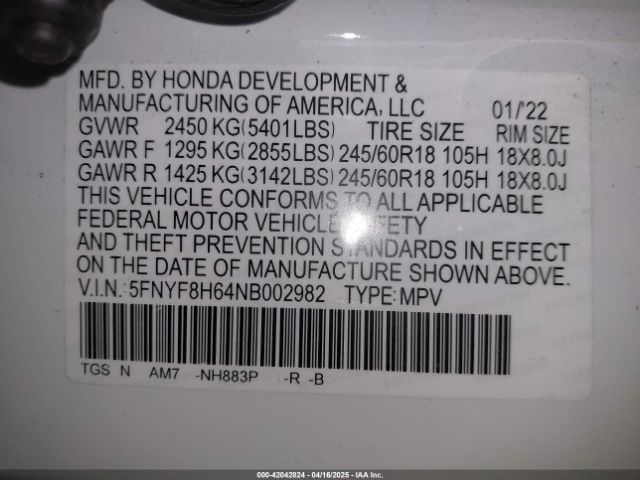 5FNYF8H64NB002982 Honda Passport Awd Trailsport