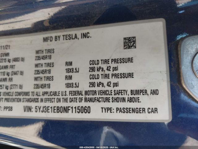 5YJ3E1EB0NF115060 Tesla Model 3 Long Range Dual Motor All-wheel Drive