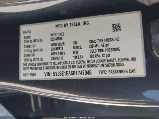5YJ3E1EA6RF747946 Tesla Model 3 Long Range Dual Motor All-wheel Drive/rear-wheel Drive