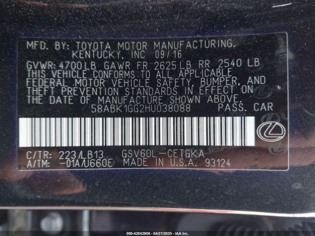 58ABK1GG2HU038088 Lexus ES 350