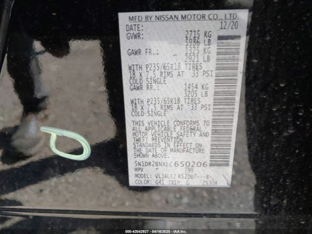 5N1DR2BNXLC650206 Nissan Pathfinder Sv 2wd