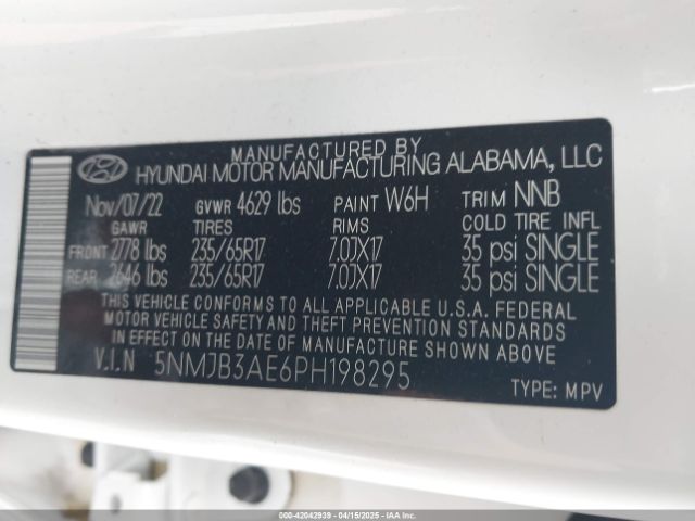 5NMJB3AE6PH198295 Hyundai TUCSON SEL