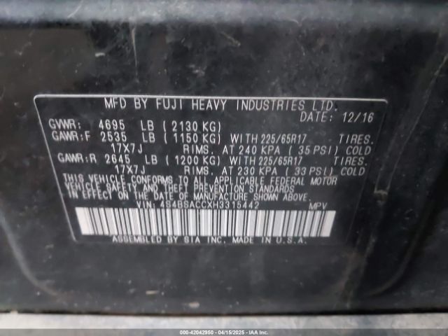 4S4BSACCXH3315442 Subaru Outback 2.5i Premium