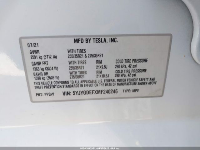 5YJYGDEFXMF240246 Tesla Model Y Performance Dual Motor All-wheel Drive