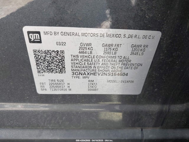 3GNAXHEV2NS164604 Chevrolet lyx