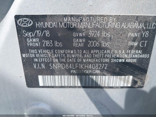 5NPD84LF1KH408272 Hyundai ELANTRA SEL