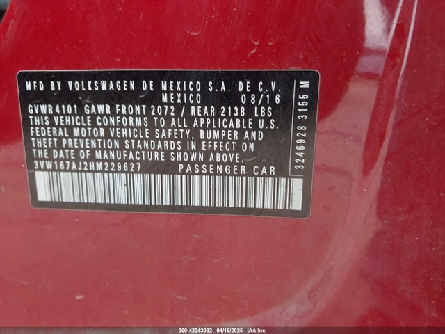 3VW167AJ2HM229627 Volkswagen Jetta 1.4t S