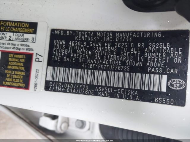4T1BF1FK7EU776725 Toyota CAMRY SE