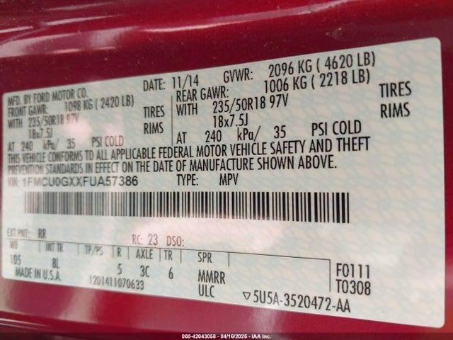 1FMCU0GXXFUA57386 Ford ESCAPE SE