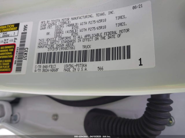 Toyota Tundra Sr5 2021 5TFDY5F19MX037861 Image 9