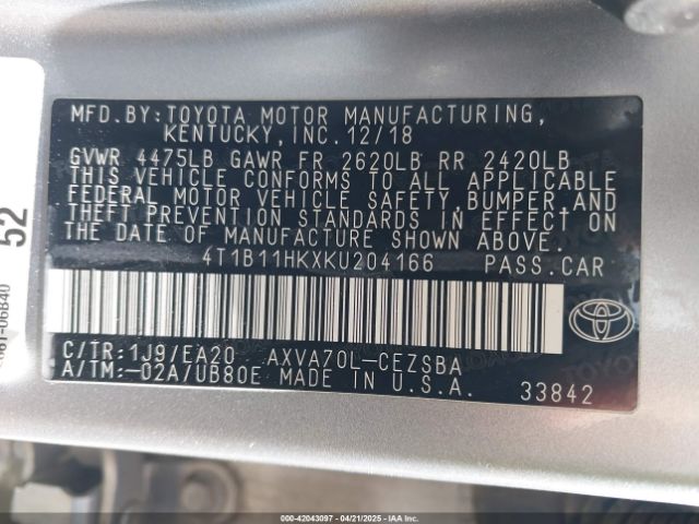 2019 TOYOTA CAMRY 4T1B11HKXKU204166 Photo 8