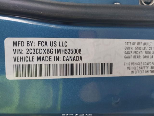 2C3CDXBG1MH535008 Dodge Charger Sxt Rwd