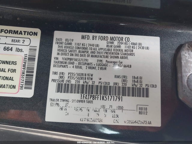 1FATP8FF1K5171791 Ford Mustang Gt Premium