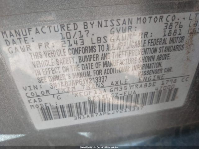 3N1AB7AP6JY213337 Nissan SENTRA SL
