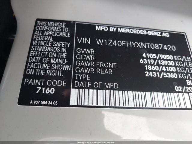 2022 MERCEDES-BENZ SPRINTER 2500 W1Z40FHYXNT087420 Photo 8