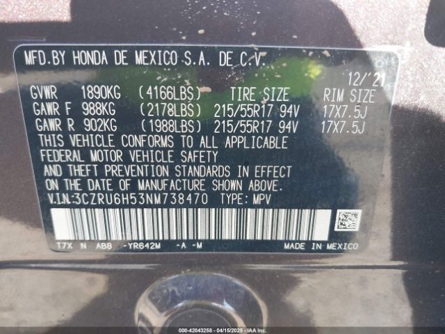 3CZRU6H53NM738470 Honda Hr-v Awd Ex