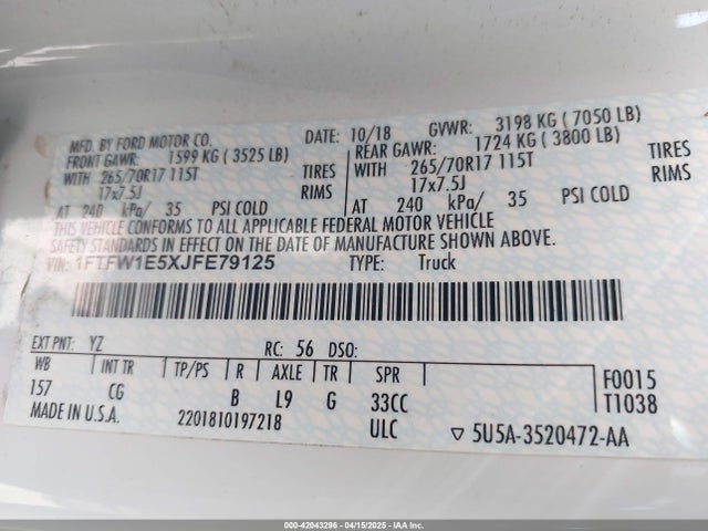 1FTFW1E5XJFE79125 Ford F-150 Xl
