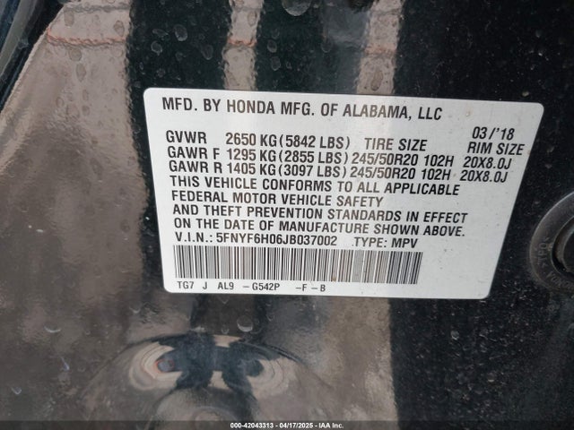 5FNYF6H06JB037002 Honda Pilot Elite