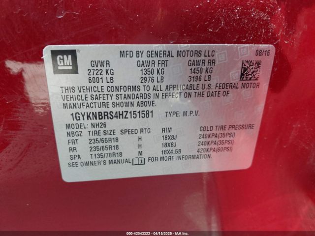 1GYKNBRS4HZ151581 Cadillac XT5 LUXURY