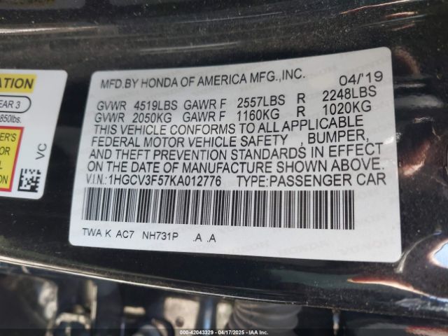 1HGCV3F57KA012776 Honda Accord Hybrid Ex-l