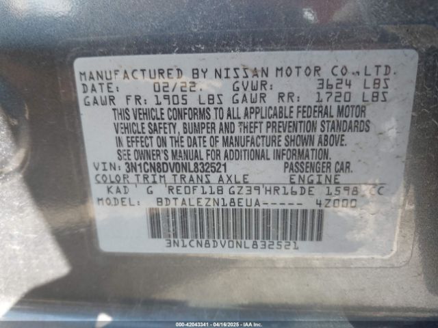 3N1CN8DV0NL832521 Nissan Versa 1.6 S Xtronic Cvt