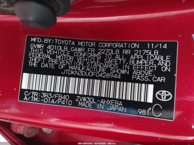 JTDKN3DU0F0428944 Toyota Prius Two