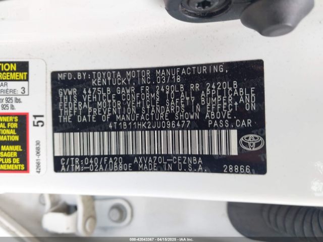 4T1B11HK2JU096477 Toyota CAMRY LE