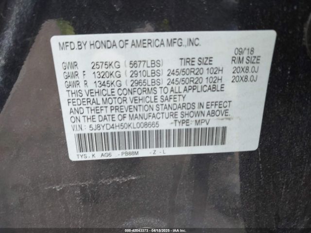 5J8YD4H50KL008665 Acura Mdx Tech Pkg