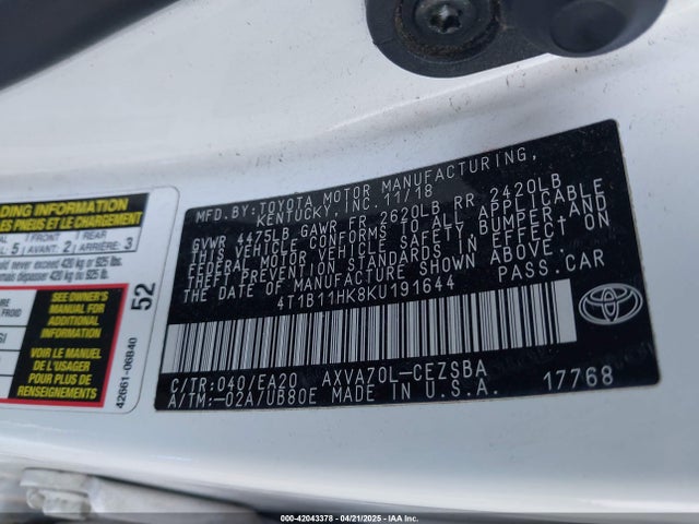 4T1B11HK8KU191644 Toyota a25a-fks